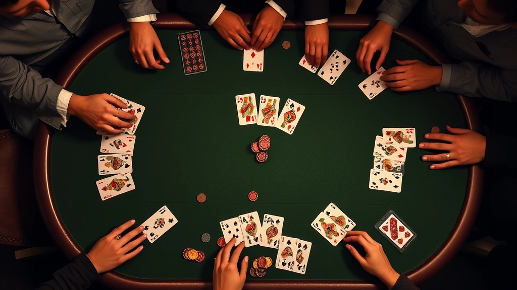 Top-down view of a pitch card game in progress with cards laid out on green felt table, chips scattered, dramatic competitive atmosphere