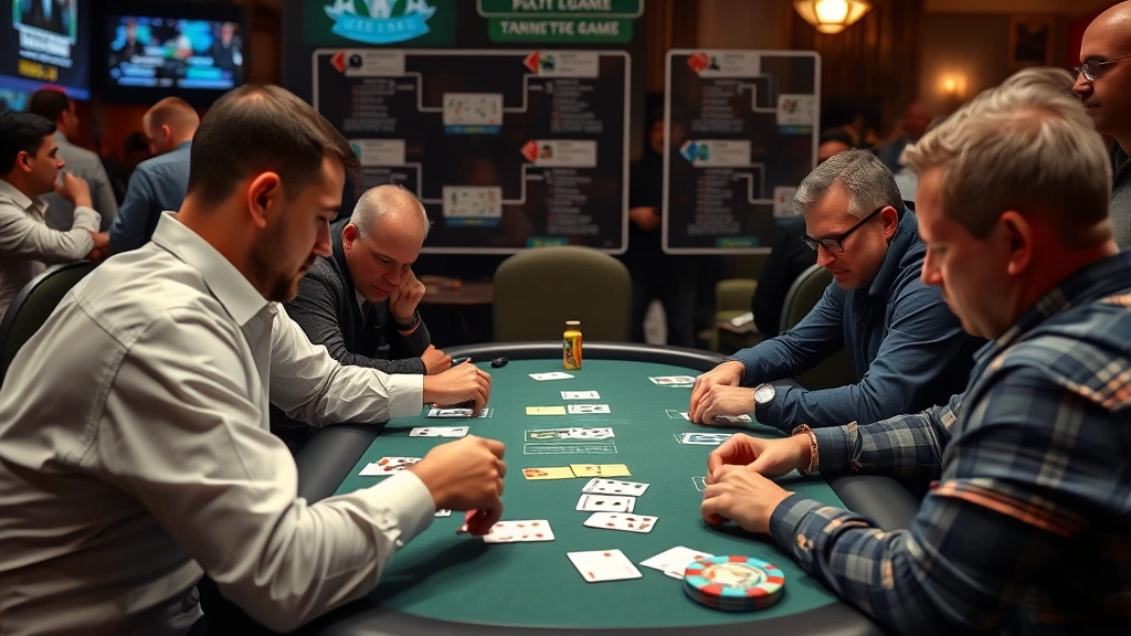 Competitive card game tournament setting with players concentrating on their hands, tournament brackets visible in background, professional gaming environment with spectators, photorealistic