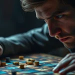 Intense close-up of a skilled player studying a complex puzzle game board with focused concentration, photorealistic lighting, hands visible analyzing game pieces, calm determined expression, no game UI text visible