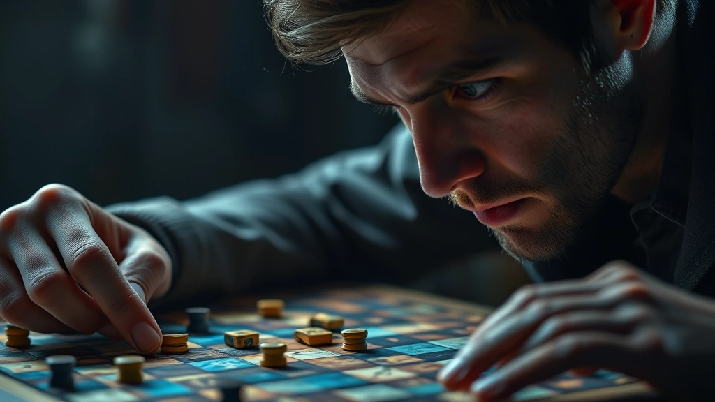 Intense close-up of a skilled player studying a complex puzzle game board with focused concentration, photorealistic lighting, hands visible analyzing game pieces, calm determined expression, no game UI text visible