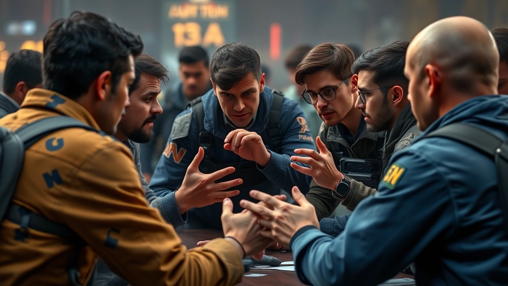 Dynamic team coordination scene showing players communicating strategically during a tense challenge, photorealistic style, showing body language and hand gestures, multiple faces showing concentration and trust, no visible game menus or HUD elements