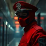Close-up of a masked guard in red uniform standing in a dimly lit corridor, photorealistic Korean drama style cinematography, tension-filled atmosphere, no visible text or UI elements