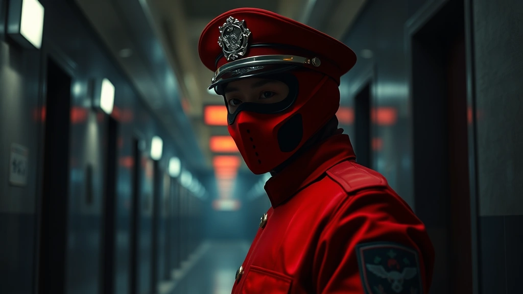 Close-up of a masked guard in red uniform standing in a dimly lit corridor, photorealistic Korean drama style cinematography, tension-filled atmosphere, no visible text or UI elements