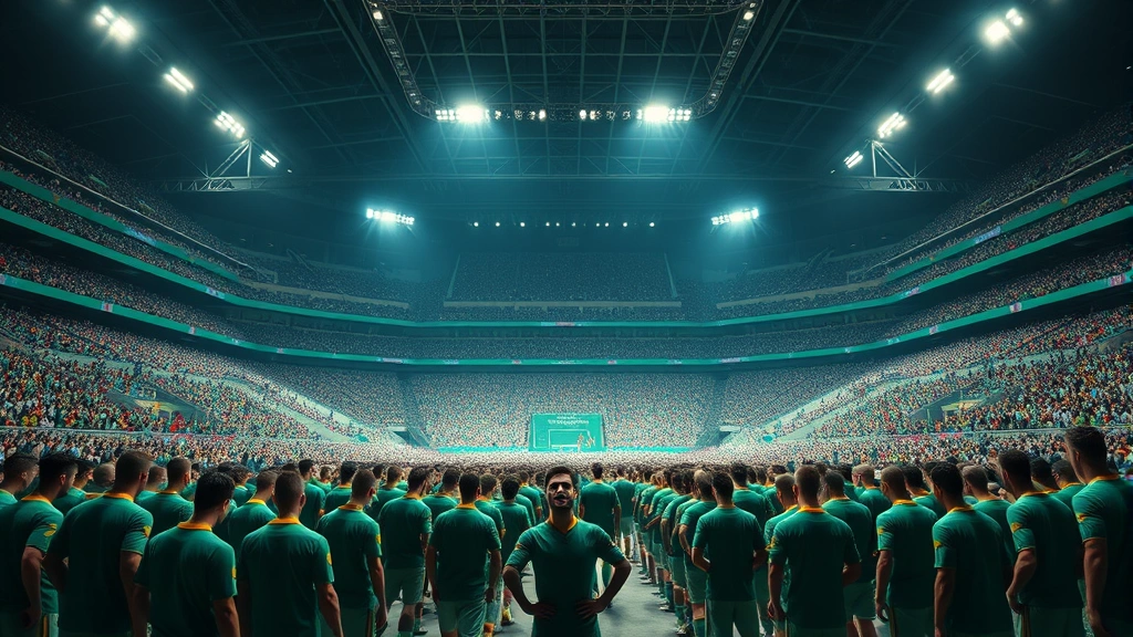 Wide shot of hundreds of players in green tracksuits standing in massive arena space, dramatic lighting from above, creating sense of scale and desperation, photorealistic high-definition quality