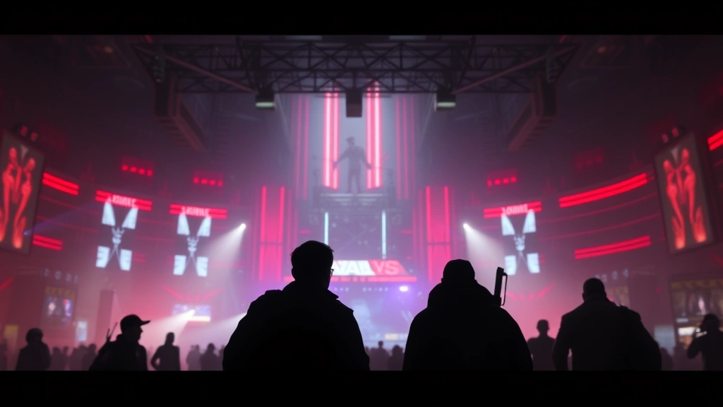 Intense moment showing player silhouettes against neon-lit game arena backdrop, dramatic shadows and lighting effects, photorealistic cinematic style, no game interface or text visible
