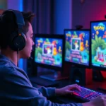 Gamer wearing headphones at gaming PC setup with multiple monitors displaying colorful Game Boy Advance Pokemon gameplay, RGB lighting, professional gaming desk environment, photorealistic