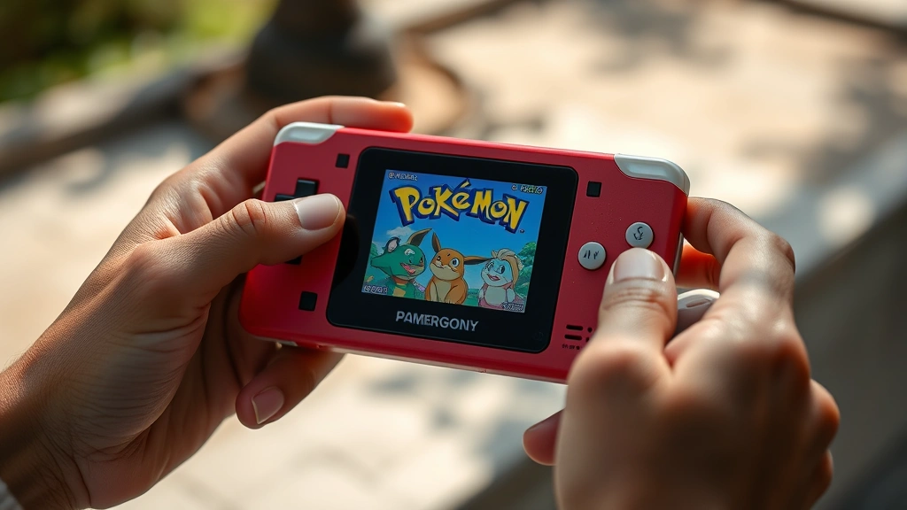 Hands holding retro handheld gaming device playing Pokemon game with vibrant screen display, natural outdoor lighting, weathered gaming device showing well-loved condition, photorealistic detail