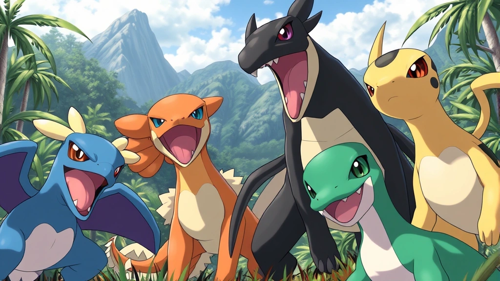 Close-up of iconic Pokémon characters in their natural habitat, realistic fur and scales, dynamic action poses, tropical and mountainous landscape background
