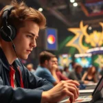 Professional Pokemon card player concentrating during tournament match with Arceus card visible, competitive gaming arena setting with dramatic lighting