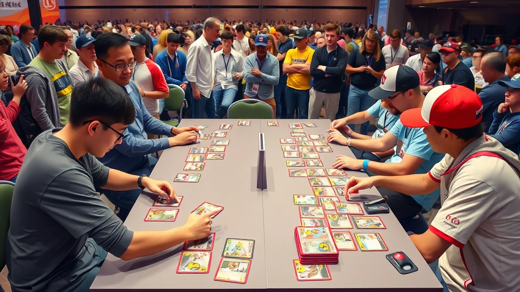 Competitive TCG tournament scene with multiple players at tables, Pokemon cards spread across playing surfaces, audience watching matches in background