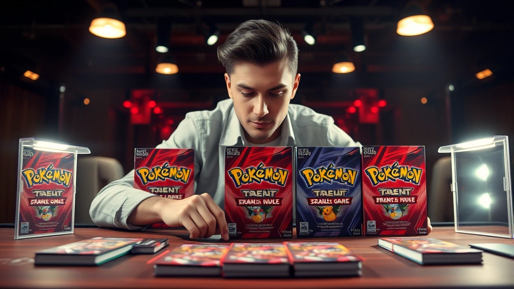 Professional competitive Pokémon Trading Card Game player with multiple Scarlet & Violet booster boxes and organized deck cards on tournament table with dramatic overhead lighting, photorealistic, high detail