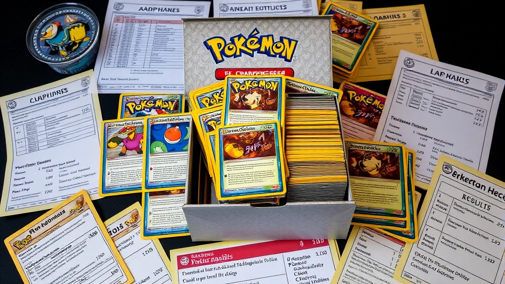 Championship-winning Pokémon TCG deck neatly organized in deck box with sleeves, surrounded by tournament results and competitive player notes, professional photography style