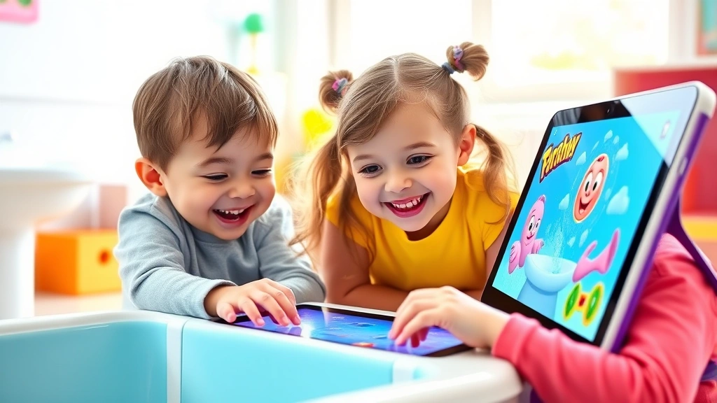 Colorful children playing interactive bathroom-themed video game on tablet with joyful expressions, bright game interface visible, sunny playroom background