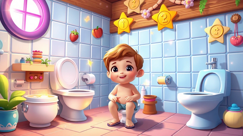 Child character avatar in vibrant animated potty game environment with fantasy elements, magical bathroom setting, sparkles and achievement badges floating around