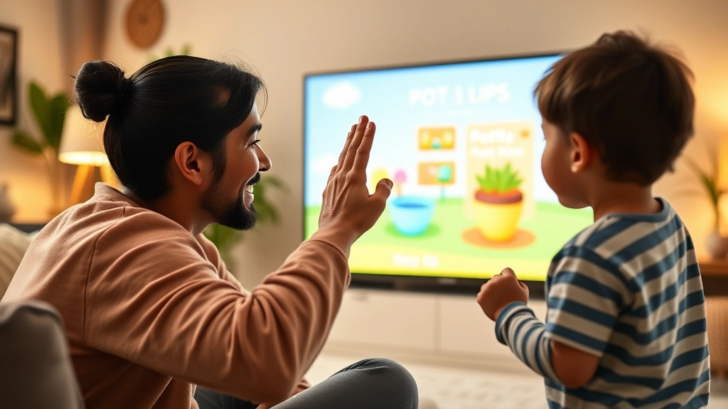 Parent and child together engaging with educational potty game on large screen, celebrating progress with high-five gesture, warm living room lighting