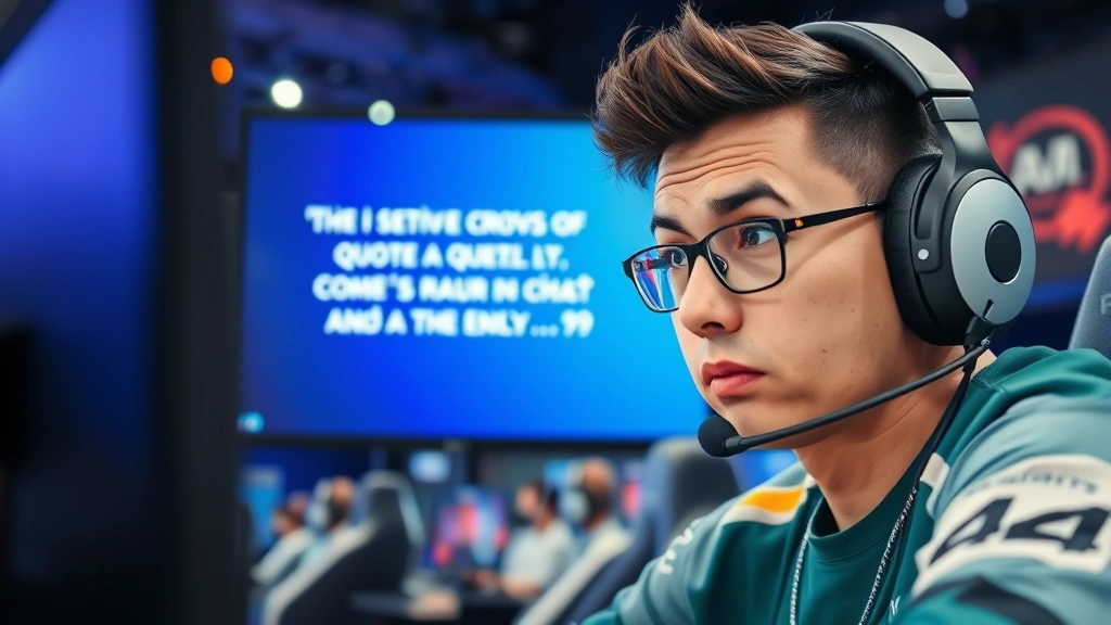 Split-screen showing a player's focused expression while solving a quote puzzle on monitor, competitive gaming headset visible, modern esports arena environment