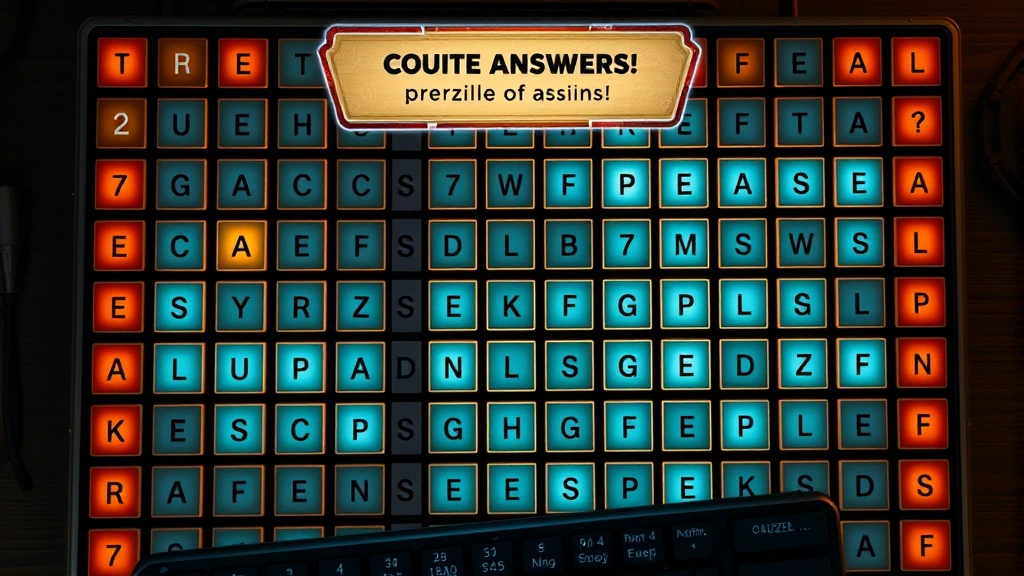 Overhead view of a completed quote slide puzzle grid with illuminated correct answer tiles, celebratory achievement notification floating above, gaming keyboard partially visible