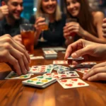 Close-up of hands dealing colorful playing cards on wooden table, friends laughing in background, casual party atmosphere with drinks nearby