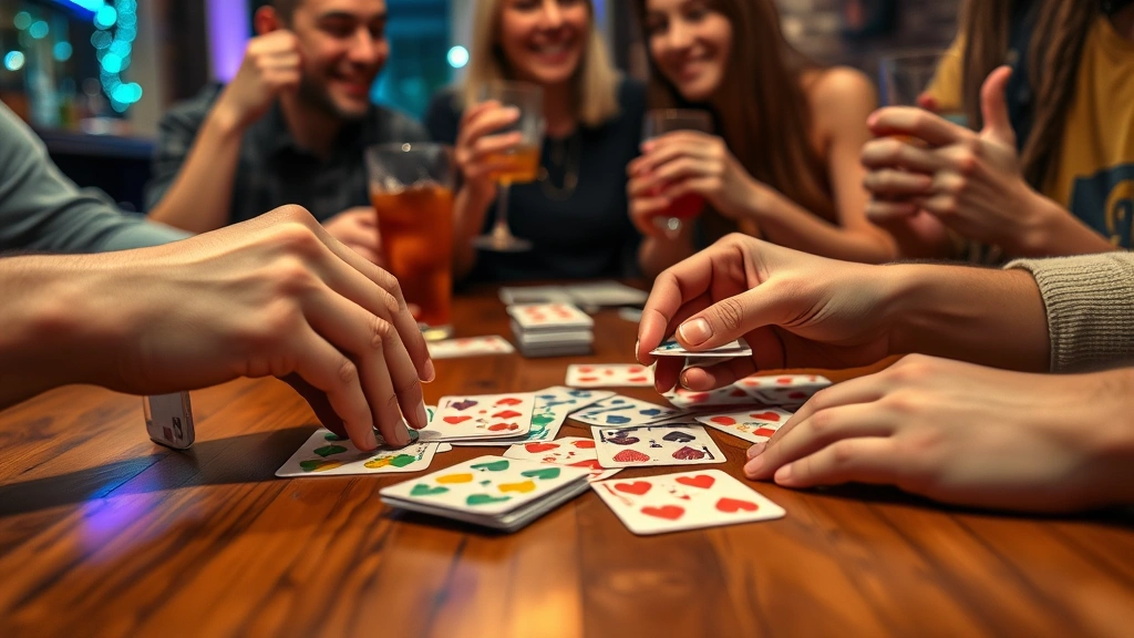 Close-up of hands dealing colorful playing cards on wooden table, friends laughing in background, casual party atmosphere with drinks nearby