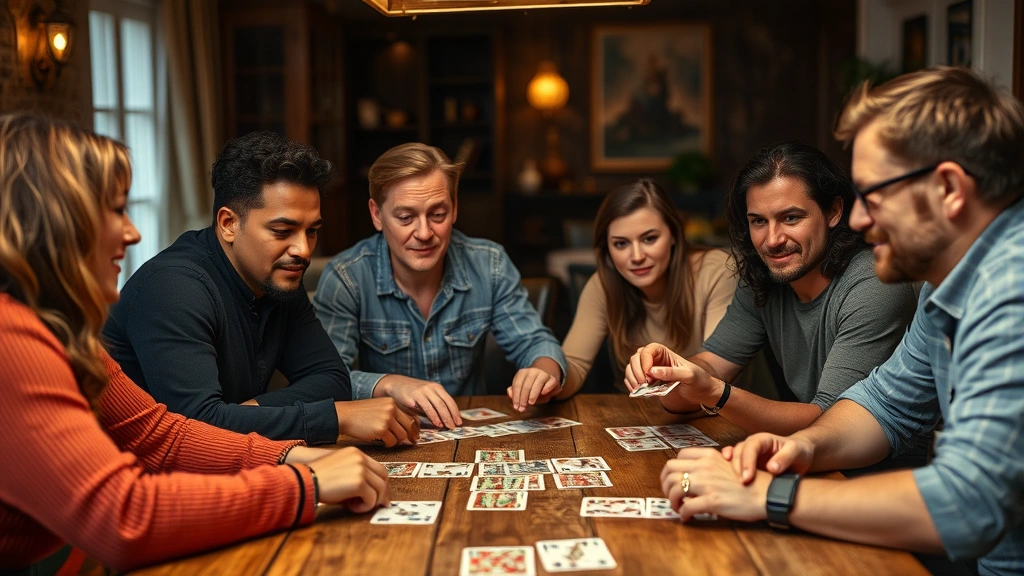 Group of diverse friends sitting around table playing card game, focused expressions, cards spread across table, warm indoor lighting