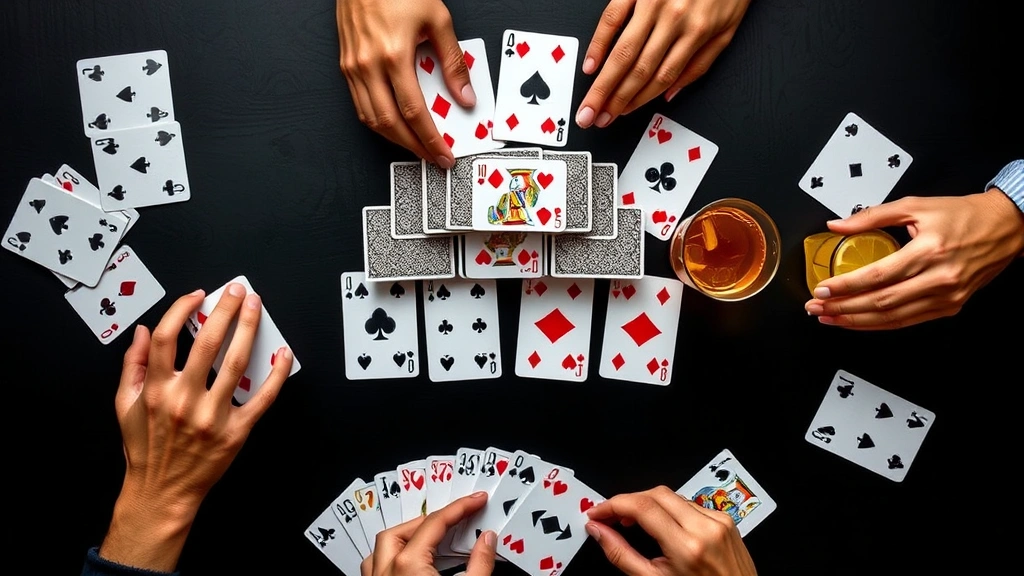 Overhead shot of playing cards arranged in pyramid formation on dark surface, with hands reaching for beverages, game in progress, vibrant colors