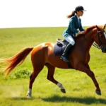Professional female equestrian rider in competition attire galloping on a majestic chestnut horse across a green meadow, photorealistic detailed horse coat and muscular physique, bright daylight with natural shadows
