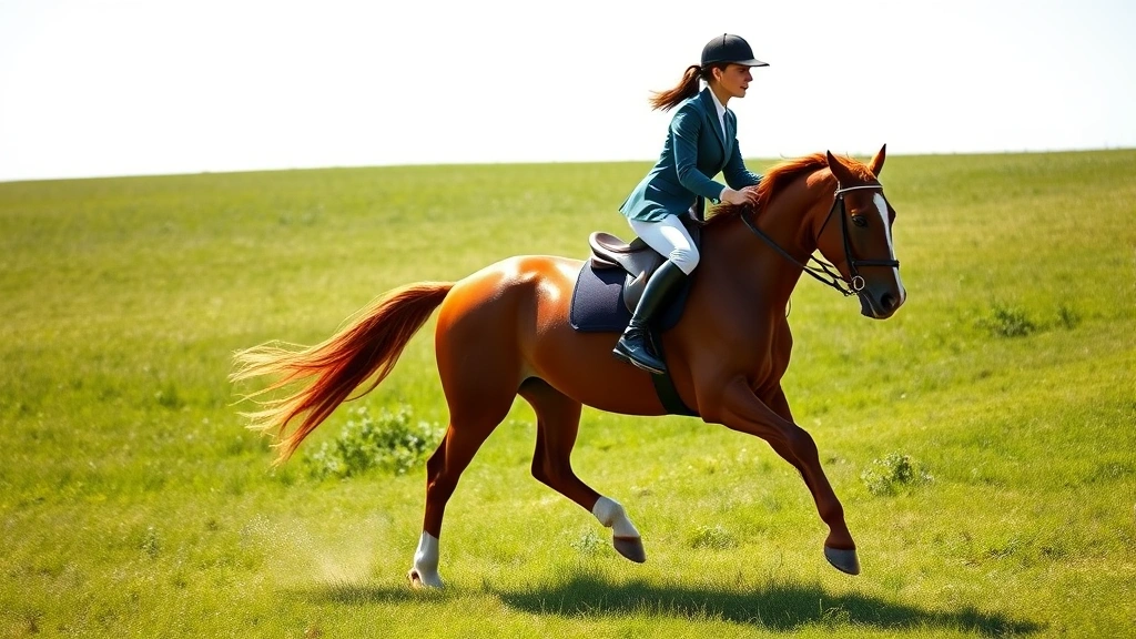 Professional female equestrian rider in competition attire galloping on a majestic chestnut horse across a green meadow, photorealistic detailed horse coat and muscular physique, bright daylight with natural shadows