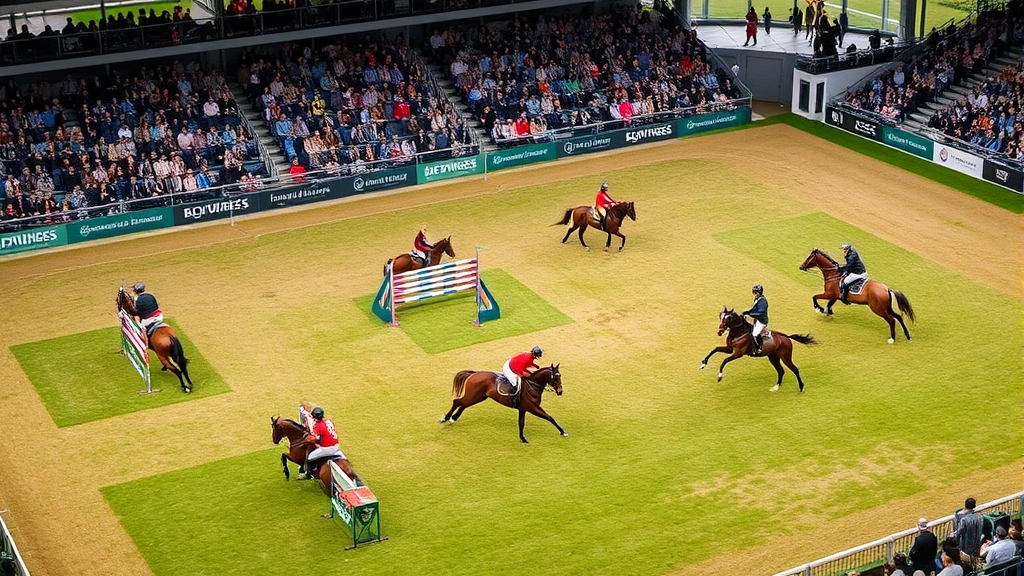 Overhead view of a competitive show jumping arena with multiple horses and riders navigating colorful jumps, crowd in background, lush grass, professional sporting event atmosphere