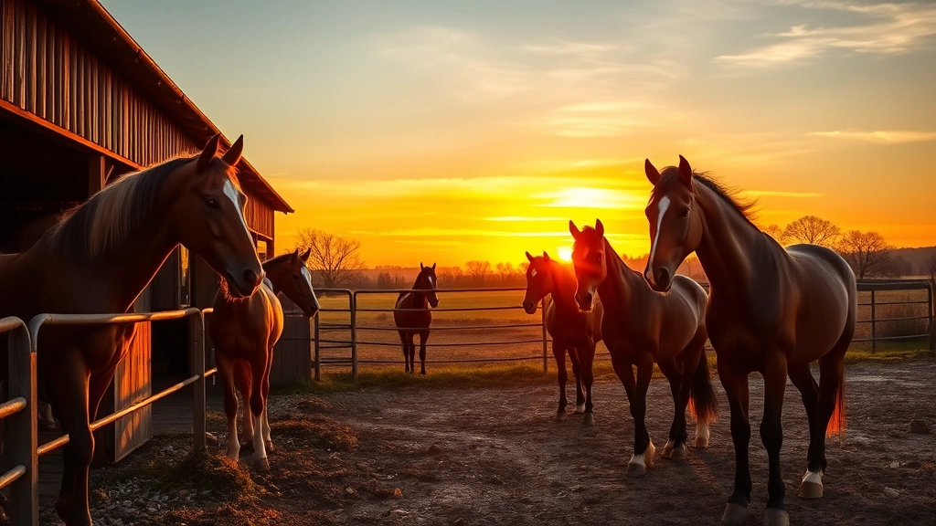 Sunset scene at a horse stable with several horses in paddock fencing, golden hour lighting illuminating their coats, peaceful rural countryside setting, realistic horse anatomy and natural behavior