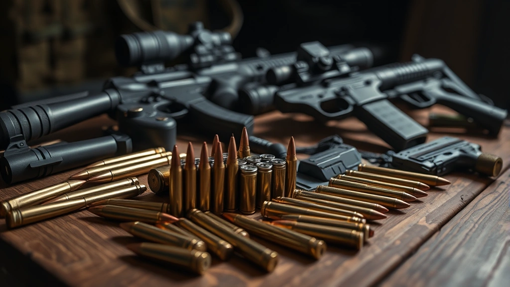 Close-up of tactical gear and ammunition displayed on a wooden table with dramatic lighting, photorealistic military equipment aesthetic, no text or UI elements visible