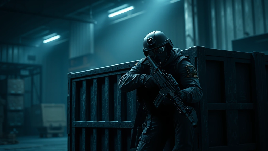 Intense tactical operator in full combat gear taking cover behind industrial crate in dark warehouse environment, realistic lighting and shadows, no game interface visible