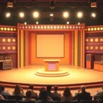 1970s television studio set with bright stage lights, game show stage design, retro aesthetic with period-accurate furnishings and contestant podium, warm vintage color grading, empty studio before audience arrival