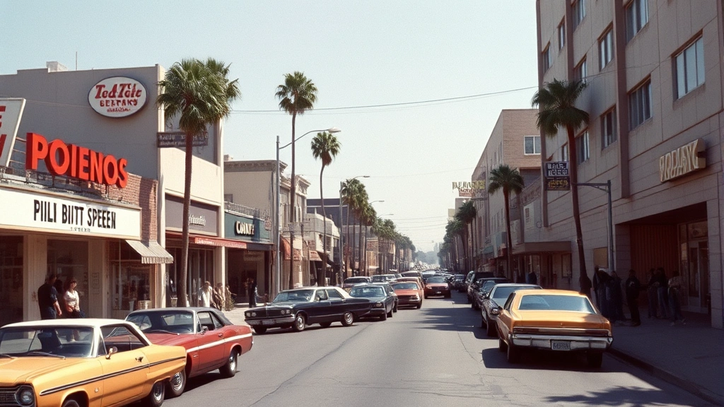 Candid photograph of 1970s Los Angeles street scene with vintage cars, storefronts, and pedestrians, natural daylight, urban landscape capturing the era when predatory crimes occurred, realistic street photography style