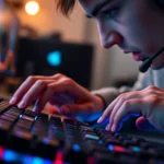 Close-up of a gamer's hands on a mechanical keyboard with RGB lighting, focused and intense expression, gaming setup with multiple monitors in soft background lighting, photorealistic detail of keyboard switches
