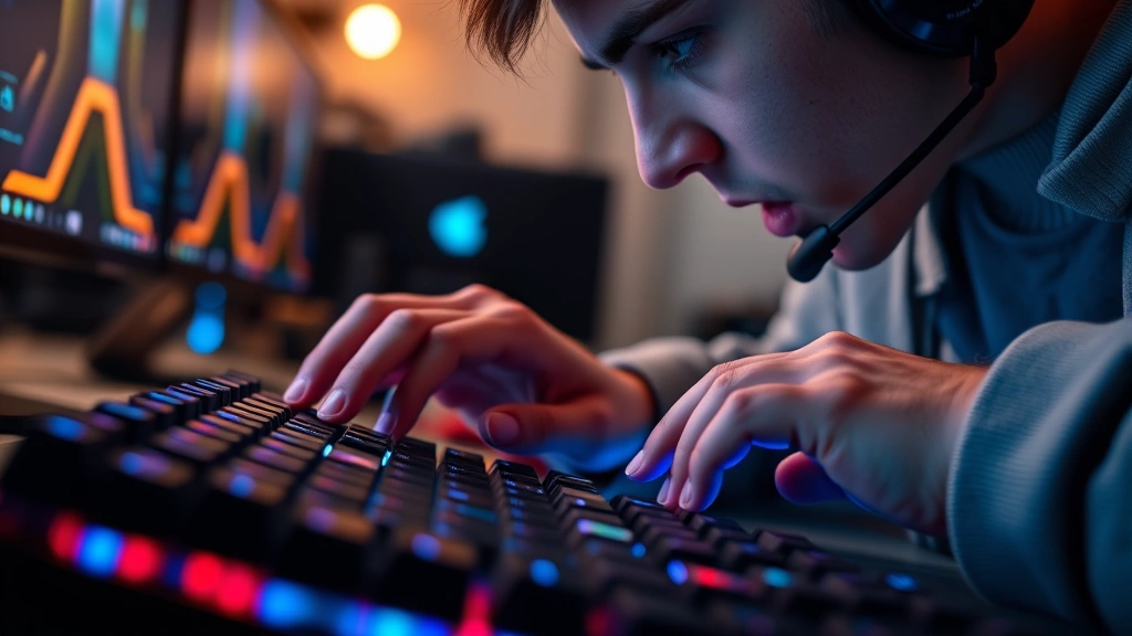 Close-up of a gamer's hands on a mechanical keyboard with RGB lighting, focused and intense expression, gaming setup with multiple monitors in soft background lighting, photorealistic detail of keyboard switches