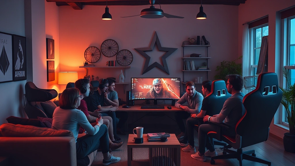 Diverse group of gamers in a modern living room gathered around a large gaming PC setup, collaborative gaming atmosphere, warm ambient lighting, comfortable gaming chairs and desk setup, photorealistic gaming environment