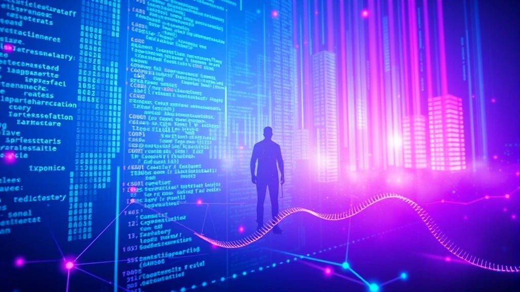 Abstract digital art representation of game code and character silhouettes emerging from glowing data streams, neon colors of blue and purple, representing game development and creative processes, photorealistic digital effects