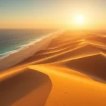 Serene desert landscape meets ocean coastline, warm golden sunlight casting long shadows across sand dunes, turquoise water visible in distance, photorealistic environment, peaceful atmosphere