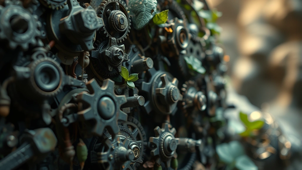 Detailed close-up of intricate environmental puzzle mechanism, ancient mechanisms and natural elements intertwined, soft ambient lighting, exploration and discovery feeling