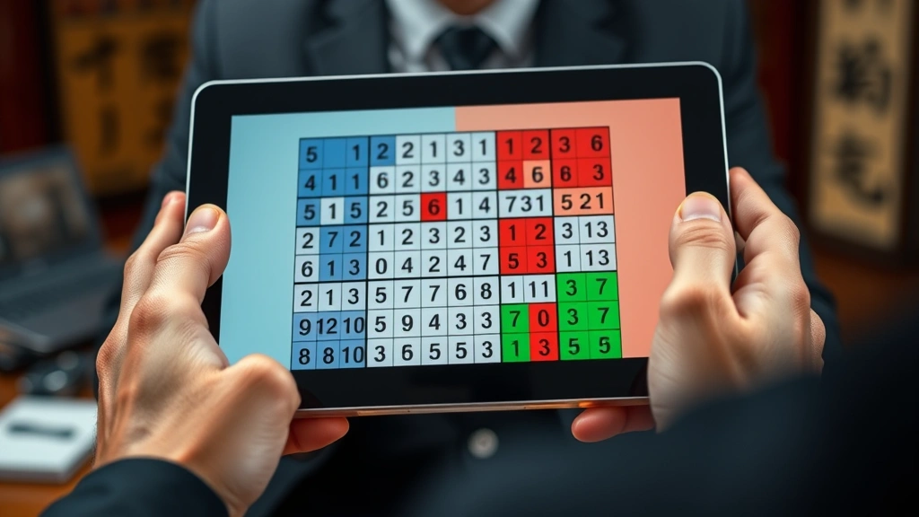 Professional close-up of hands holding a tablet displaying a complex five-grid Samurai Sudoku puzzle with overlapping colored sections and numbers, realistic lighting, shallow depth of field, gaming environment