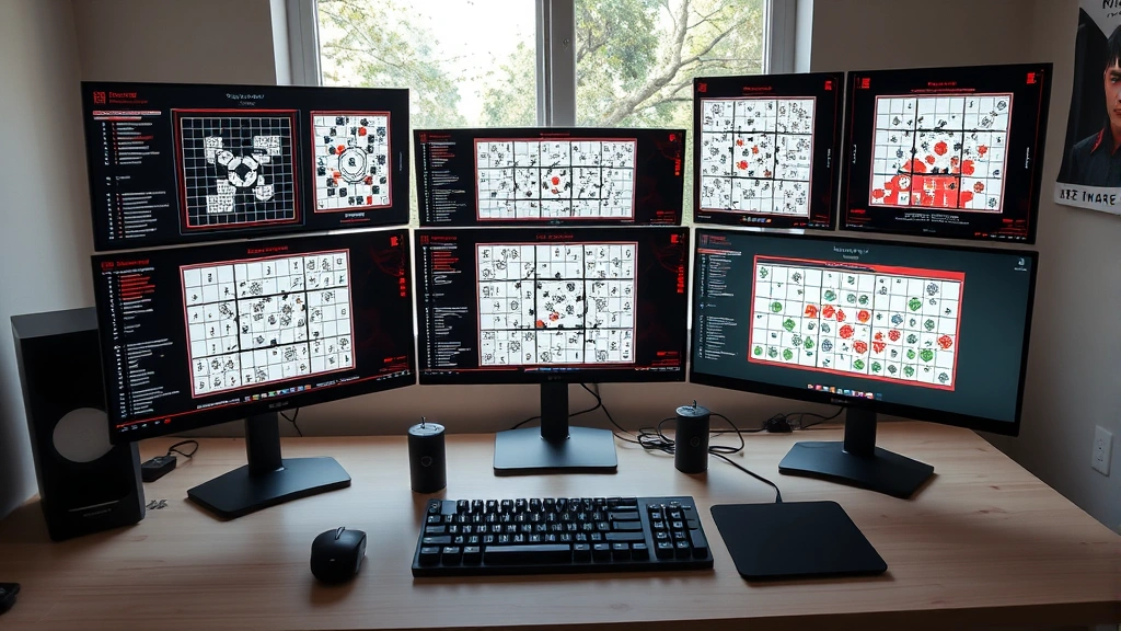 Wide shot of a modern gaming setup with multiple monitors displaying different Samurai Sudoku puzzle variations, minimalist desk with mechanical keyboard, natural window lighting, realistic photographic style