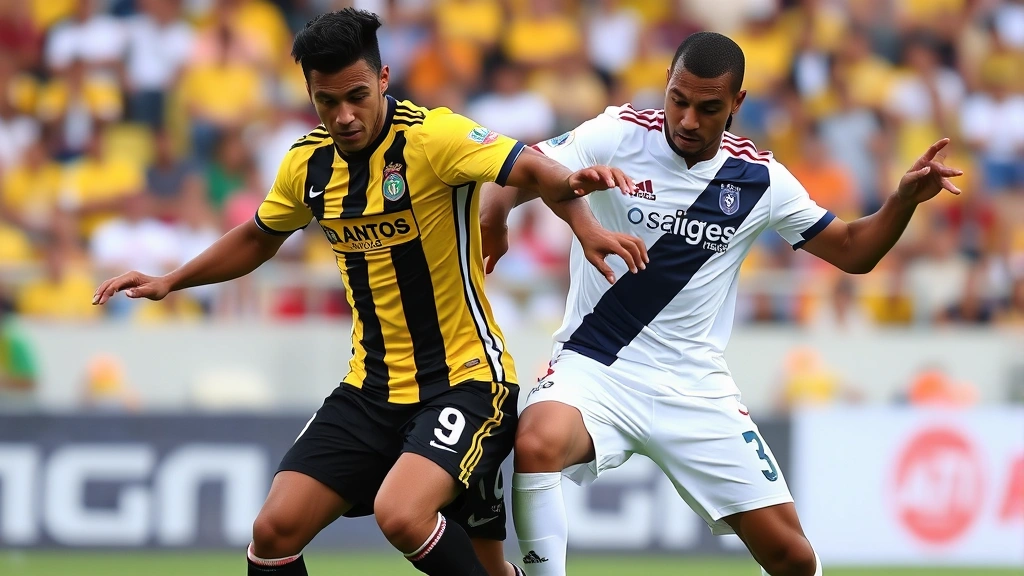 Professional football players in yellow Santos jersey and white Vasco da Gama jersey competing intensely for possession during daytime stadium match