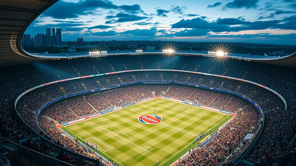 Aerial view of crowded modern football stadium with passionate fans in stands during evening professional match with floodlights
