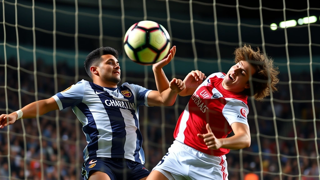 Close-up action shot of two football players from opposing teams battling for aerial ball near goal during competitive professional match