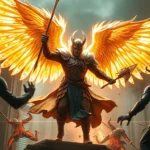 Warrior with glowing angelic wings engaged in intense combat against dark demonic enemies, divine light particles surrounding the scene, photorealistic style, epic battle atmosphere