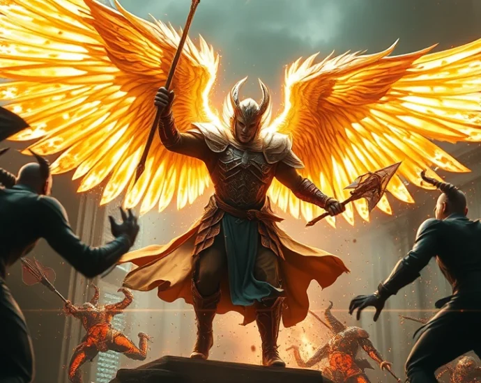 Warrior with glowing angelic wings engaged in intense combat against dark demonic enemies, divine light particles surrounding the scene, photorealistic style, epic battle atmosphere
