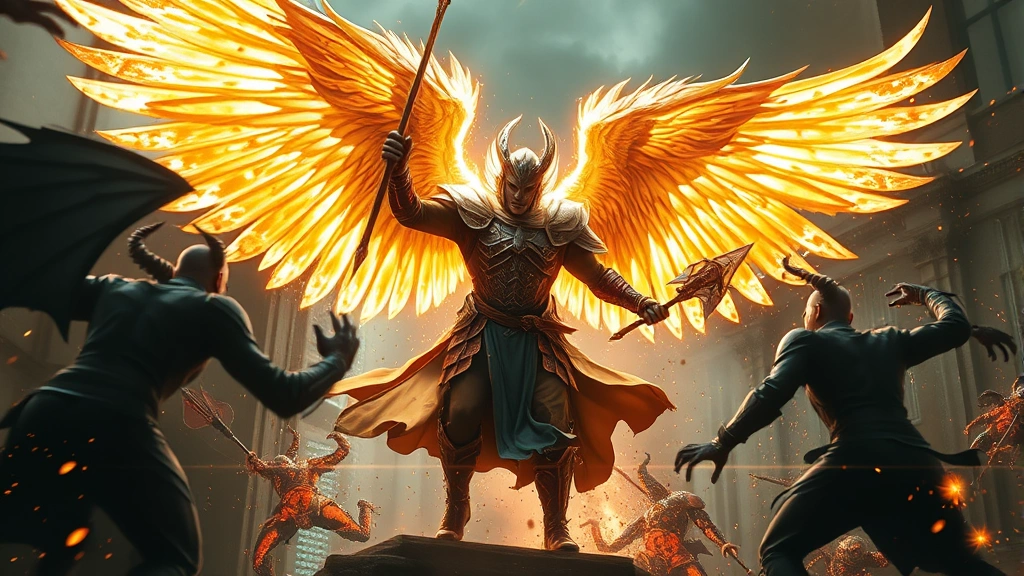Warrior with glowing angelic wings engaged in intense combat against dark demonic enemies, divine light particles surrounding the scene, photorealistic style, epic battle atmosphere