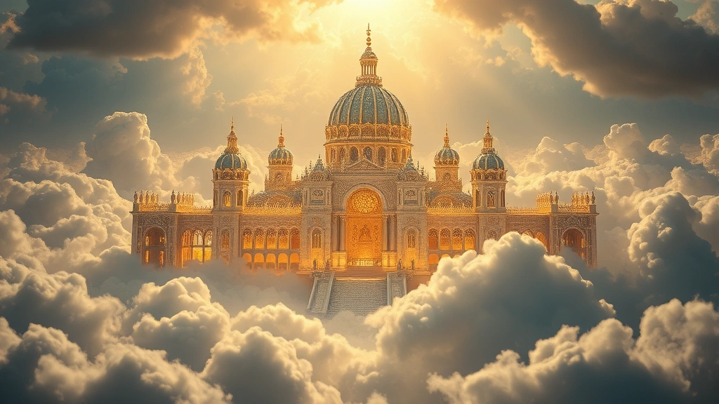 Majestic celestial palace with crystalline architecture floating among clouds, golden and silver lighting, ethereal atmosphere, heavenly realm landscape, cinematic quality
