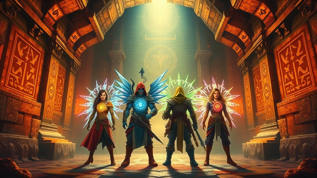 Group of four adventurers with divine auras standing together in a glowing cooperative dungeon chamber, celestial runes on walls, teamwork emphasis, stunning visual effects