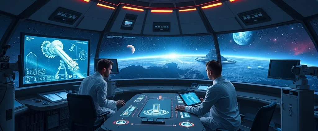 Scientists working at futuristic astronomical observation stations with holographic displays, analyzing data from space telescopes, photorealistic space-themed research facility with glowing technology and cosmic backdrops, no UI or text overlays